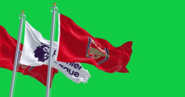 2023年7月18日 阿森纳足球俱乐部 Arsenal Football Club 和英超联赛 Premier League 的旗帜在绿屏上飘扬 无缝3D渲染动画 — 图库视频影像