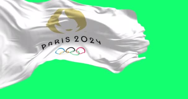 París Mayo 2023 París 2024 Juegos Olímpicos Bandera Ondeando Aislado — Vídeos de Stock