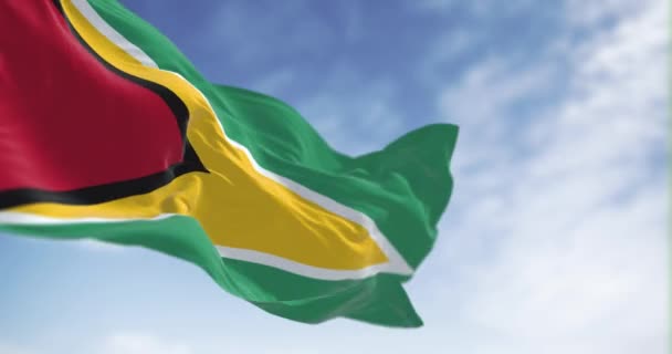 Guyana Ulusal Bayrağının Dalgalanma Görüntüsü Kırmızı Altın Siyah Beyaz Üçgenli — Stok video