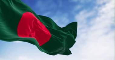 Bangladeş 'in ulusal bayrağı açık havada rüzgarda sallanıyor. Üzerinde kırmızı disk veya güneş olan koyu yeşil bir pankart. 3D illüstrasyon canlandırıcı. Çırpınan kumaş