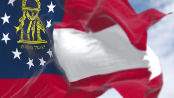 Крупный План Размахивания Флагом Штата Джорджия Ветру Красные Белые Красные — стоковое видео