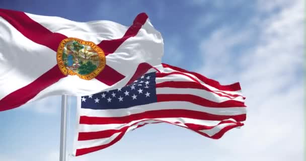Banderas Florida Estados Unidos Ondeando Viento Día Despejado Florida Estado — Vídeo de stock
