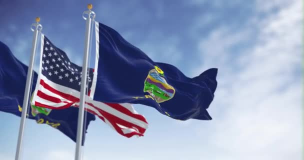 カンザス州の国旗とアメリカの国旗は晴れた日に風を吹いている カンザス州はアメリカ合衆国中西部の州である シームレス3Dレンダリングアニメーション スローモーションループ 選択的な焦点 4Kについて — ストック動画