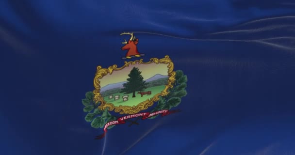 Close Bandeira Estado Vermont Acenando Vento Fundo Azul Com Brasão — Vídeo de Stock