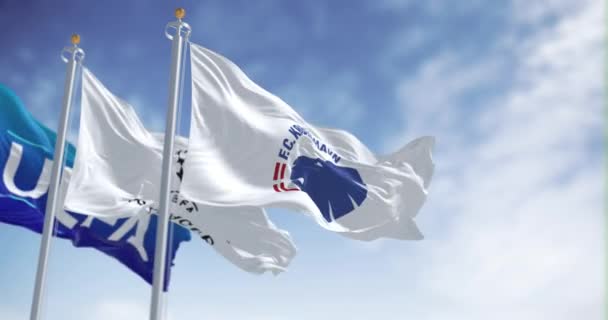 코펜하겐 31일 2023년 코펜하겐 Uefa와 챔피언스리그의 깃발이 바람에 휘날리고 있습니다 — 비디오