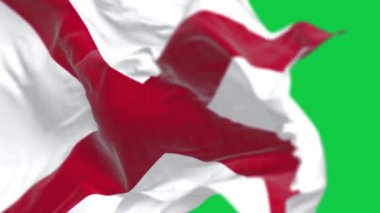 Alabama eyalet bayrağı yeşil bir ekranda rüzgarda sallanıyor. Aziz Andrews beyaz bir arka planda kesişiyor. Kusursuz 3D canlandırma animasyonu. Yeşil ekran. Krom anahtar. Yavaş çekim döngüsü. 4K