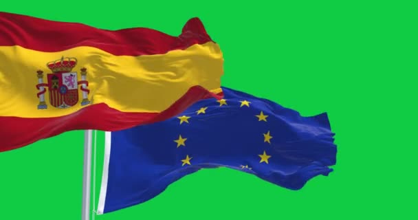 スペインと欧州連合の旗は緑の背景で孤立した 民主主義と政治 Eu加盟国 シームレス3Dレンダリングアニメーション グリーン スクリーン クロマキー スローモーションループ 4Kについて — ストック動画