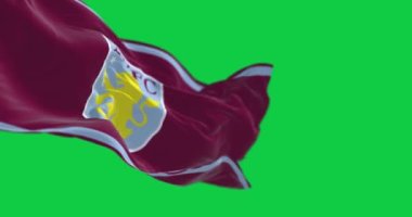 Birmingham, İngiltere, Sep 5 2023: Aston Villa Futbol Kulübü bayrağı yeşil arka planda izole halde sallanıyor. Kusursuz 3D canlandırma animasyonu. Yeşil ekran. Krom anahtar. Yavaş çekim döngüsü. 4K