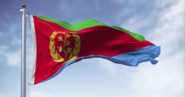 Eritre ulusal bayrağı açık havada dalgalanıyor. Kaldırma, yeşil ve mavi üçgenlerde kırmızı üçgen, zeytin dalı ve çelengin altın amblemi. Kusursuz 3 boyutlu animasyon. Yavaş çekim döngüsü. Seçici odaklanma. 4k