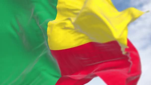 Крупный План Размахивания Национальным Флагом Бенина Две Горизонтальные Жёлтые Красные — стоковое видео