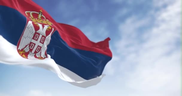 セルビアの国旗が晴れた日 白のバンドは 中央の左側にセルビアの紋章を施した シームレス3Dレンダリングアニメーション スローモーションループ 選択的な焦点 4Kについて — ストック動画