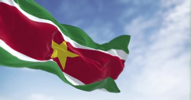 Suriname National Flag Waving Clear Day Horizontal Bands Green White — Stock Video
