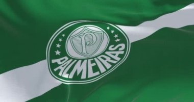 Sao Paulo, BR, 8 Eylül 2023: Palmeiras futbol kulübü bayrağı açık bir günde dalgalanıyor. Brezilya spor kulübü, Brasileirao Serie A. Kusursuz 3D canlandırma animasyonunda oynuyor. Yavaş çekim döngüsü. 4k
