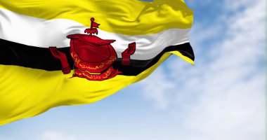 Brunei 'nin ulusal bayrağı açık havada rüzgarda sallanıyor. Brunei Darussalam, Güneydoğu Asya 'da bir ülkedir. 3D illüstrasyon canlandırıcı. Çırpınan kumaş