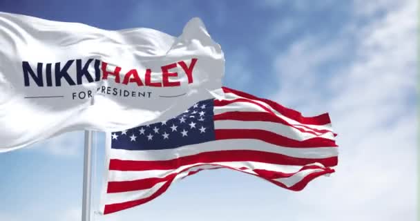 Washington Usa Juni 2023 Nikki Haley 2024 Och Usa Flagga — Stockvideo