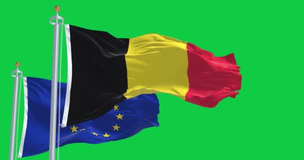 Belgique Union Européenne Brandissent Des Drapeaux Isolés Sur Fond Vert — Video