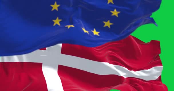 Bandeiras Dinamarca União Europeia Acenando Isoladas Tela Verde Animação Renderização — Vídeo de Stock