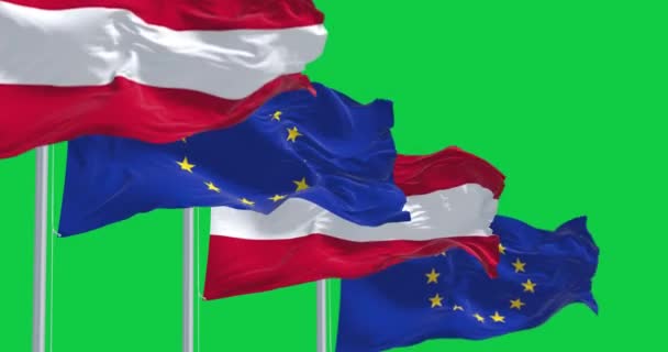 Oostenrijk Europese Unie Vlaggen Zwaaien Geïsoleerd Groene Achtergrond Democratie Politiek — Stockvideo