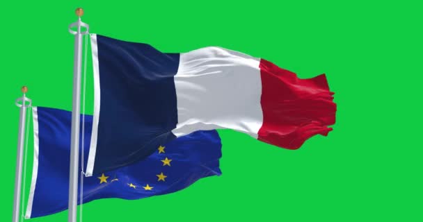 Vlajky Francie Evropské Unie Vlní Izolovaně Zeleném Pozadí Francie Stala — Stock video
