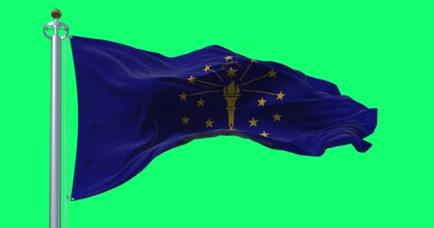 インディアナ州旗は緑の背景で孤立した インディアナ州はアメリカ合衆国中西部の州である シームレス3Dレンダリングアニメーション グリーン スクリーン クロマキー スローモーションループ 4Kについて — ストック動画