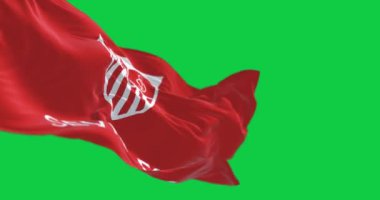 Sevilla, SP, Mayıs 2023: Sevilla Futbol Kulübü 'nün bayrağı yeşil arka planda tek başına sallanıyor. Kusursuz 3D canlandırma animasyonu. Yeşil ekran. Krom anahtar. Yavaş çekim döngüsü. 4 bin. Seçici odak