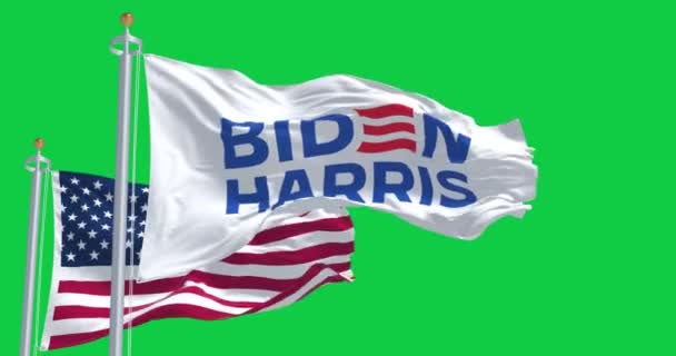 2023年6月20日 ワシントンD バイデン ハリス国旗がアメリカ国旗を掲げている 2024年 アメリカ大統領選挙 シームレス3Dレンダリングアニメーション グリーン スクリーン クロマキー — ストック動画
