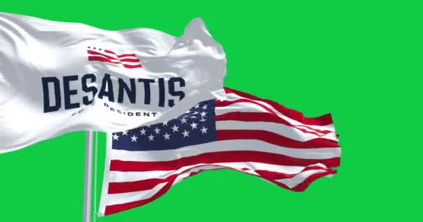2023年4月30日 美国塔拉哈西 德雷斯竞选总统 美国国旗飘扬 共和党初选 无缝3D渲染动画 绿色屏幕 慢动作回圈4K 有选择的重点 — 图库视频影像