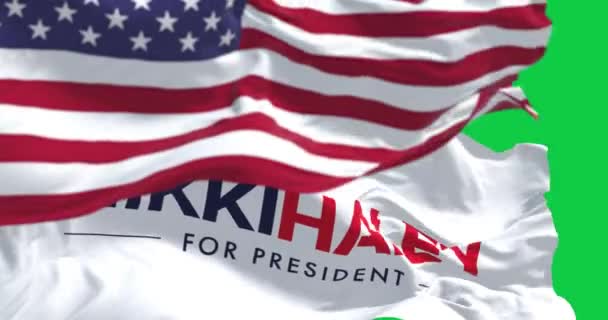 2023年6月15日 美国华盛顿特区 Nikki Haley为总统挥动绿色背景的国旗 无缝3D渲染动画 绿色屏幕 慢动作回圈4K 有选择的重点 — 图库视频影像
