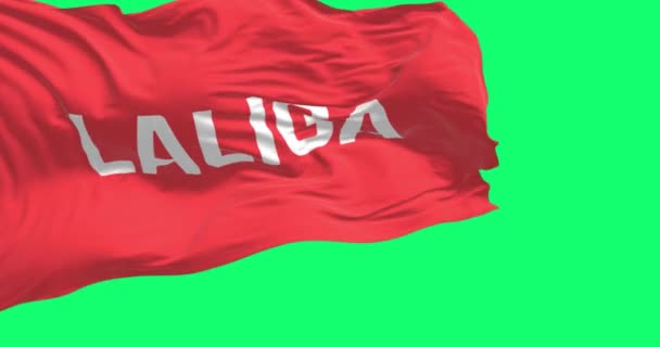 马德里 2023年7月10日 拉里加国旗飘扬 西班牙足球联赛体系中的顶级职业足球部门 无缝3D渲染动画 绿色屏幕 慢动作回圈4K — 图库视频影像