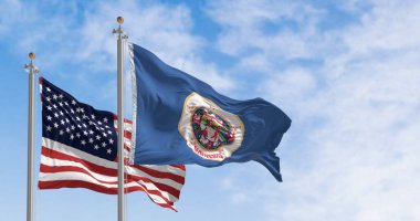 Minnesota eyaleti bayrağı açık bir günde ulusal Amerikan bayrağıyla dalgalanıyor. 3D illüstrasyon canlandırıcı. dalgalı kumaş