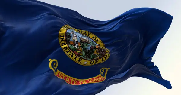 Close-up of the Idaho state flag waving in the wind on a clear day. State seal in a dark blue area with the words \