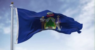 Maine eyaleti bayrağı açık bir günde rüzgarda sallanıyor. Eyalet arması koyu mavi bir tarlaya kurulmuş. Kusursuz 3 boyutlu animasyon. Yavaş çekim döngüsü. 4k