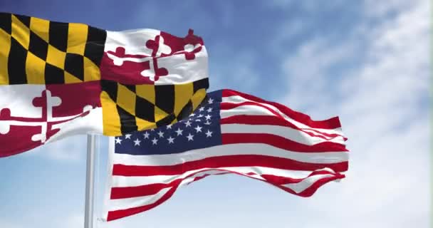 Σημαία Του Μέριλαντ Κυματίζει Στον Άνεμο Την Αμερικανική Εθνική Σημαία — Αρχείο Βίντεο