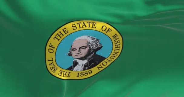 Närbild Washington State Flagga Viftar Vinden Mörkgrönt Fält Med Sigill — Stockvideo