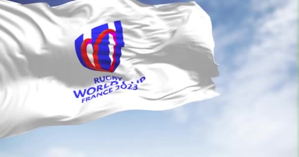 Париж Вересня 2023 Прапор Чемпіонату Світу Регбі 2023 Року Махав — стокове відео