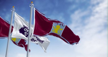 Birmingham, İngiltere. 21 Eylül 2023: Aston Villa ve Premier Lig bayrakları açık bir günde dalgalanıyor. Kanat çırpan kumaş. İllüstrasyon 3d illüstrasyon canlandırması. Seçici odak