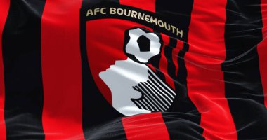 Bournemouth, İngiltere, 4 Eylül 2023: AFC Bournemouth bayrağı dalgalanması. Kings Park, Boscombe merkezli bir İngiliz futbol kulübü. İllüstrasyon 3d illüstrasyon canlandırması. Dalgalı kumaş