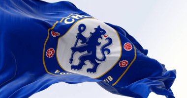 Londra, İngiltere, 10 Eylül 2023: Açık bir günde Chelsea Futbol Kulübü bayrağının dalgalanması. Blue Heraldic aslanı asayı tutuyor. İllüstrasyon 3d illüstrasyon canlandırması. Çırpınan kumaş