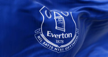 Liverpool, İngiltere, 21 Eylül 2023 Everton Futbol Kulübü bayrağı dalgalanması. Profesyonel İngiliz Futbol Kulübü. İllüstrasyon 3d illüstrasyon canlandırması. Dalgalı kumaş arkaplanı