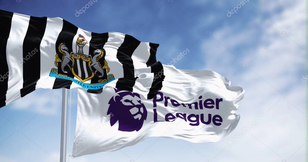 Newcastle, UK; sept. 14 2023: Newcastle Football Club and Premier League flags waving together on a clear day. Illustrative editorial 3d illustration render. Fluttering fabric. Selective focus