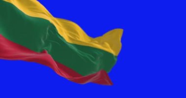Litvanya ulusal bayrağı mavi arka planda izole edildi. Kusursuz 3D canlandırma animasyonu. Mavi ekran. Krom anahtar. Yavaş çekim döngüsü. 4 bin. Seçici odak