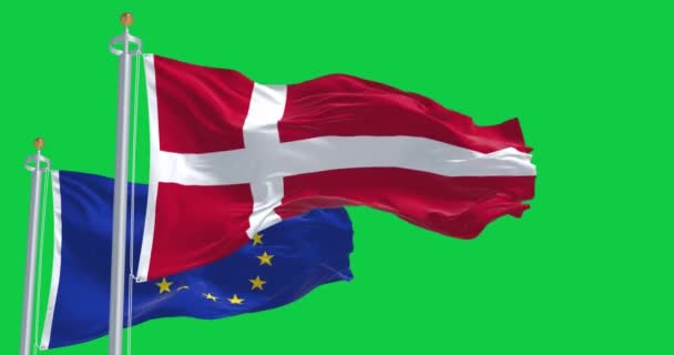 Bendera Nasional Denmark Dan Bendera Uni Eropa Melambai Animasi Render — Stok Video