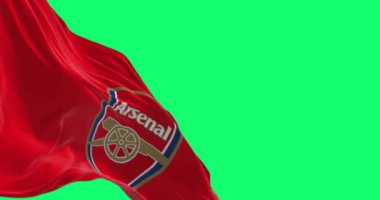 Londra, İngiltere, 20 Ağustos 2023 Arsenal Futbol Kulübü bayrağı yeşil arka planda izole edilmiş. Kusursuz 3D canlandırma animasyonu. Yeşil ekran. Krom anahtar. Yavaş çekim döngüsü. 4 bin. Seçici odak