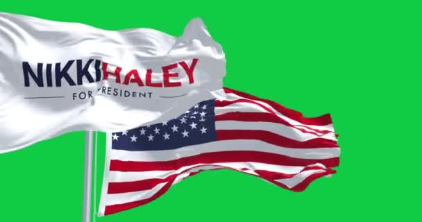 ワシントンD 6月15日2023 ニッキー ヘイリー2024と米国の国旗が振っている アメリカの共和党予備選挙 シームレス3Dレンダリングアニメーション グリーン スクリーン クロマキー スローモーションループ — ストック動画