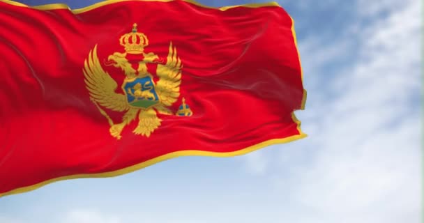 Государственный Флаг Черногории Размахивает Ясный День Красный Золотой Каймой Национальным — стоковое видео