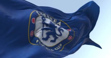 Londra, İngiltere, 10 Eylül 2023: Açık bir günde Chelsea Futbol Kulübü bayrağının dalgalanması. Blue Heraldic aslanı asayı tutuyor. Kusursuz 3 boyutlu animasyon. Yavaş çekim döngüsü. Seçici odaklanma. 4k