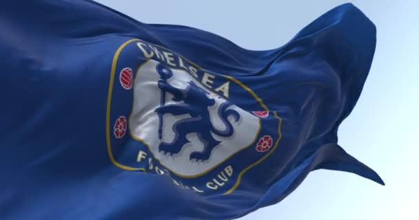 英国伦敦 2023年9月10日 切尔西足球俱乐部的旗子在晴朗的日子飘扬 蓝色的赫拉拉底狮子拿着一根手杖 无缝3D渲染动画 慢动作回圈有选择的重点 — 图库视频影像
