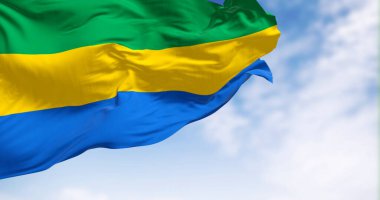 Gabon 'un ulusal bayrağı açık havada rüzgarda sallanıyor. Üç eşit yatay şerit yeşil, sarı ve mavi. 3D illüstrasyon canlandırıcı. Çırpınan kumaş