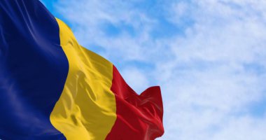 Romanya 'nın ulusal bayrağı açık bir günde rüzgarda sallanıyor. Mavi, sarı ve kırmızı üç dikey çizgi. 3D illüstrasyon canlandırıcı. Kanat çırpan kumaş. Seçici odak