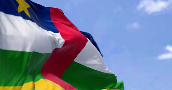 Bandera Nacional República Centroafricana Ondeando Día Claro Rayas Azules Blancas —  Fotos de Stock